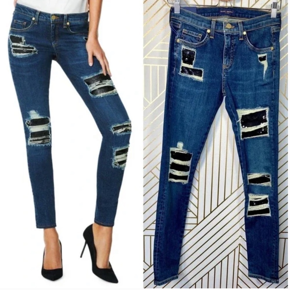 Ramy Brook Naomi Distressed Sequined Skinny Jeans Blue Tones Size 28